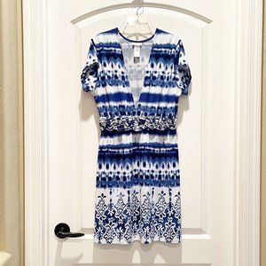 New! Dotti Small Blue White Tie Dye Stretch Knit V Neck Swim Cover Dress NWOT